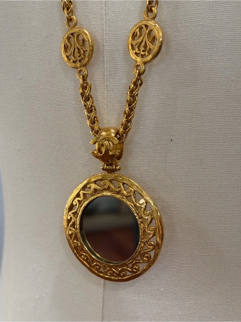 CHANEL Gold Plated Long Medallion Necklace with Mirror Pendant